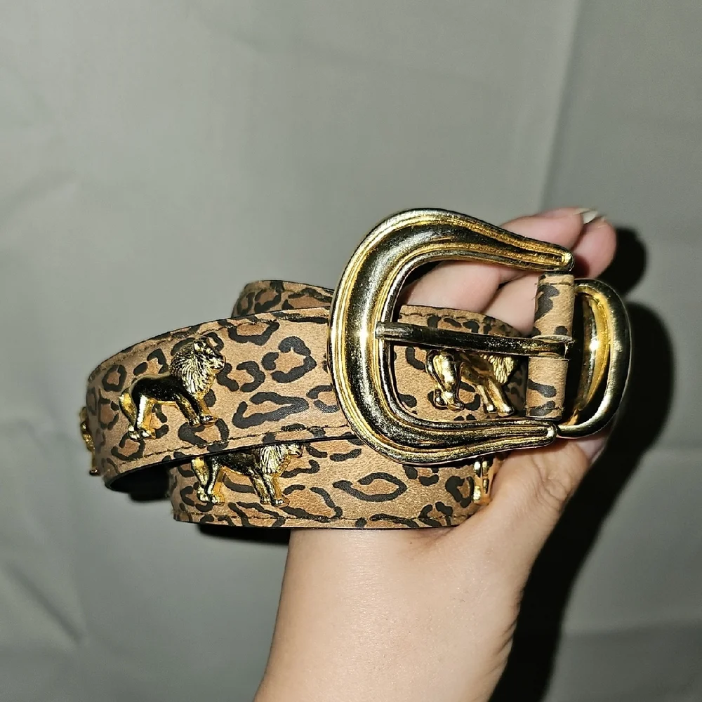 Leopard Print Belt with Gold Tone Accents Lion Studs Retro I6